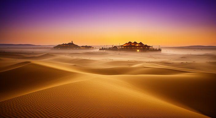 Vasta distesa di dune dorate al tramonto con cielo viola e arancio, silhouette di un accampamento di lusso in lontananza